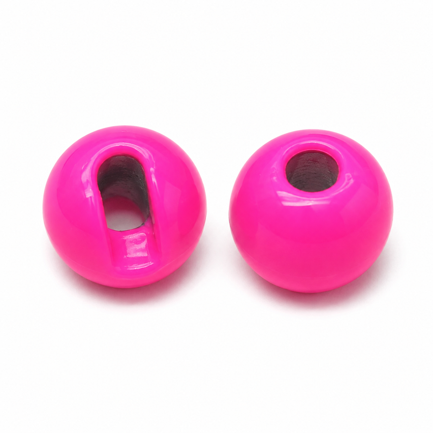 Tungstenperlen mit Schlitz in glänzendem Hot Pink in zwei Ansichten