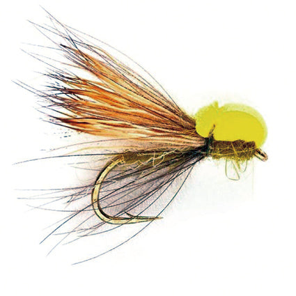 Balloon Caddis Olive Trockenfliege mit olivfarbenem Körper, braunem Haarflügel und gelbem Foam-Kopf