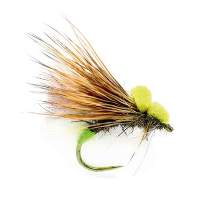 Barbless Caddis – widerhakenlose Trockenfliege mit dunklem Körper, brauner Hechel und gelber Sichthilfe